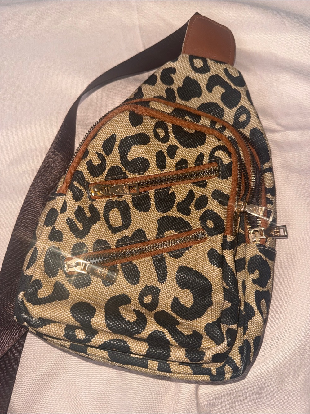 Leopard Print Crossbody Sling Bag in Tan and Black by